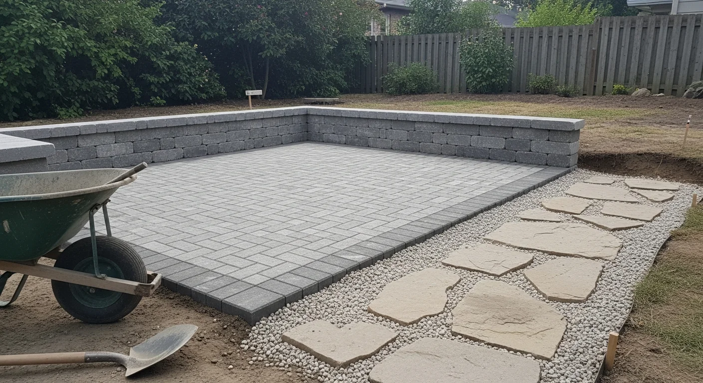 Completed landscape installation with retaining wall and patio