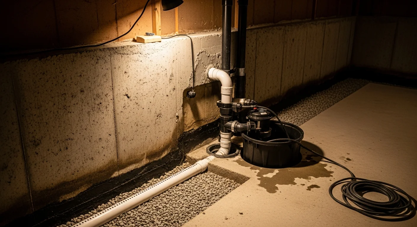 Interior view of an Oxford, CT basement showing a newly installed perimeter drainage channel along the base of a dry concrete foundation wall. A sump pit is visible in the corner with a pump installed and no standing water present.