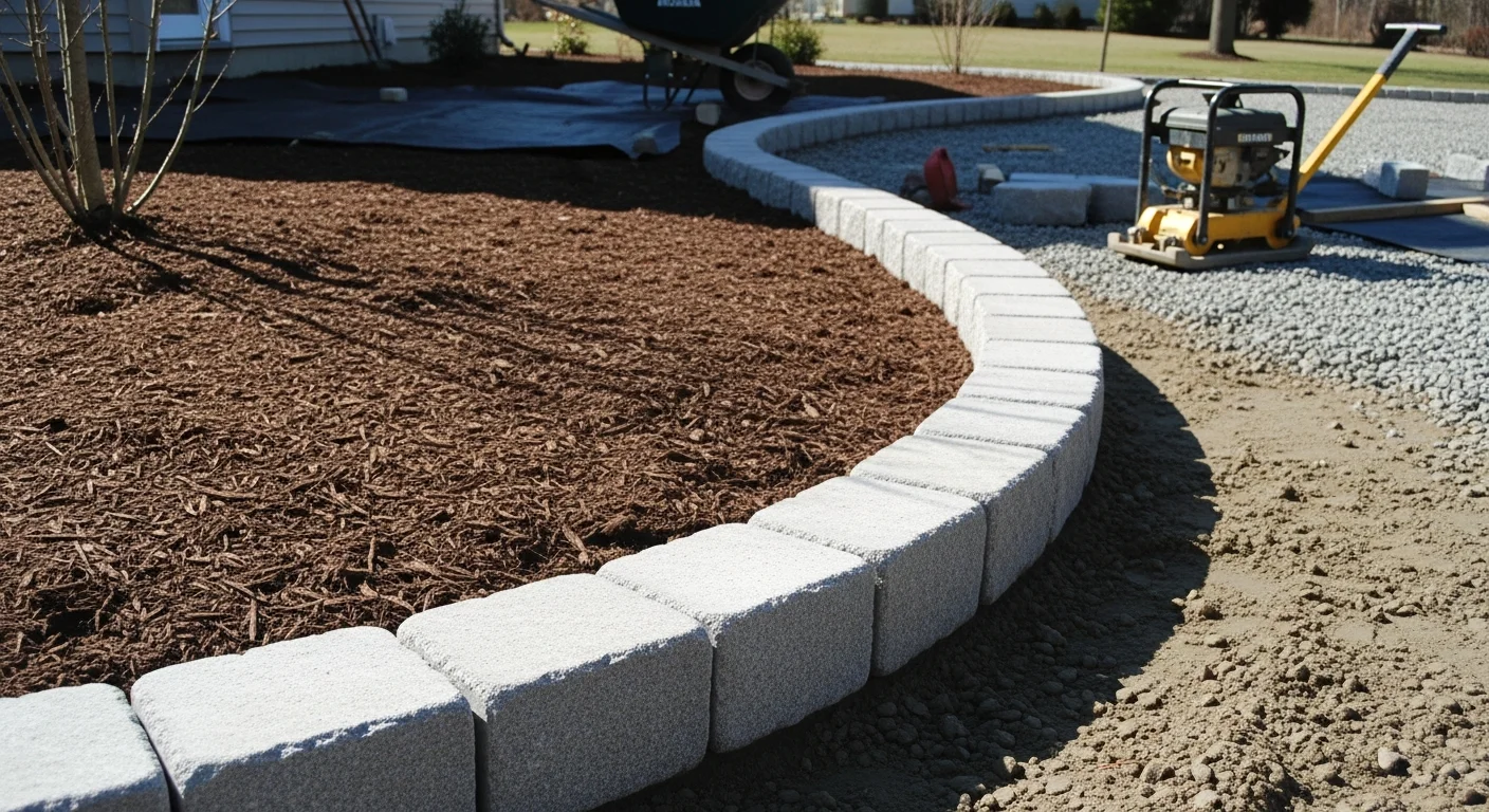Freshly installed Belgium block edging running along a residential driveway border in Oxford, CT, with clean stone lines separating the pavement from a mulched garden bed. The blocks are set flush and level against glacial till soil on a gently sloped lot.