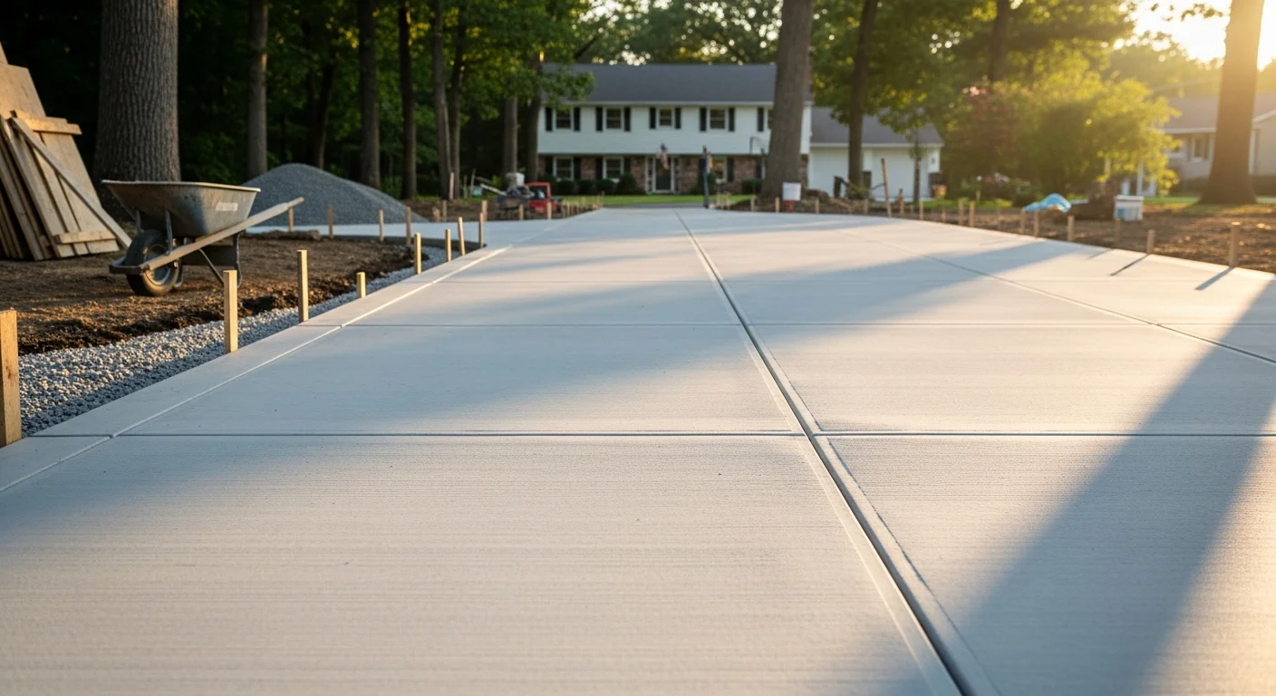A freshly poured concrete driveway in front of a single-family home in Oxford, CT, with clean edges, visible control joints, and a smooth brushed surface. The driveway leads from the street to a two-car garage on a wooded residential lot.