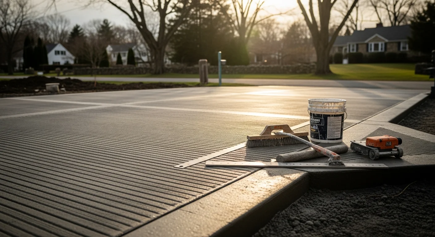 A freshly broom-finished concrete driveway at a single-family home in Oxford, CT, with clean edges and visible control joints running across the slab surface. The textured gray surface extends from the garage apron to the street on a residential lot.