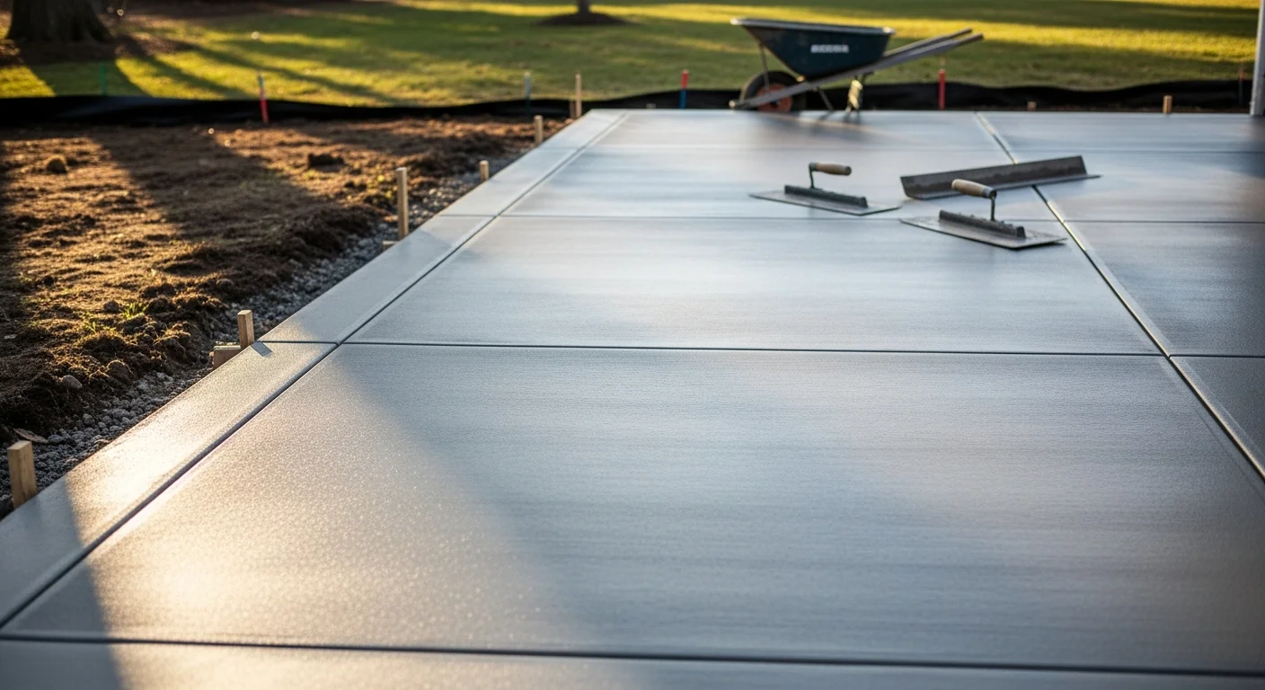 A freshly poured concrete patio behind a single-family home in Oxford, CT, with a smooth broom finish and clean edges. The slab extends from the back door across a level yard, ready for outdoor furniture.