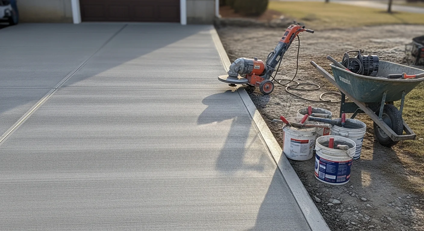 Freshly resurfaced residential concrete driveway in Oxford, CT showing a smooth, crack-free surface with clean edges. A concrete contractor applies a new overlay layer to an existing slab on a New Haven County property.