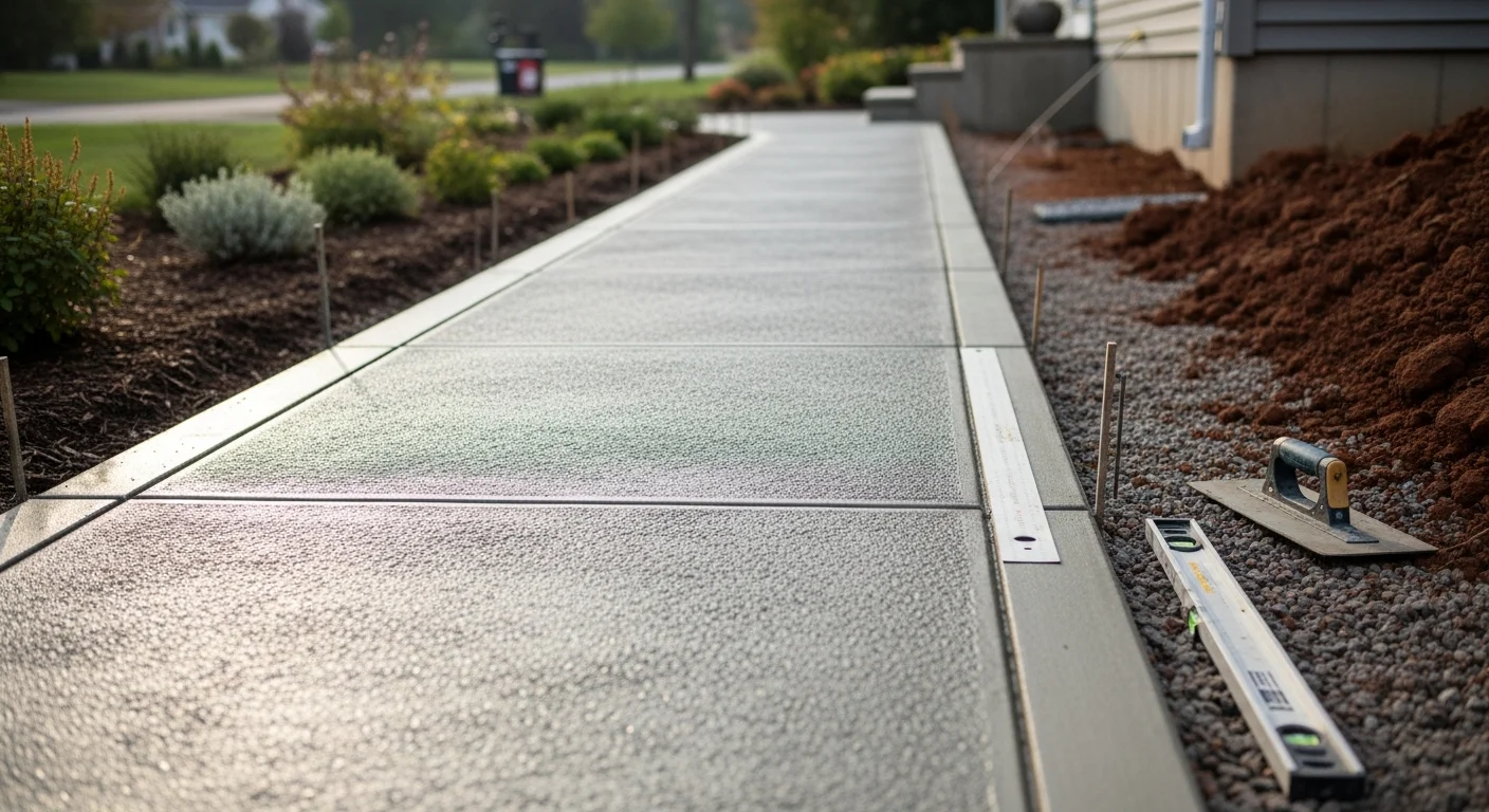 A freshly installed concrete walkway leading from a driveway to the front door of a single-family home in Oxford, CT. The slab shows clean edges, visible control joints, and a smooth brushed finish on a landscaped residential lot.
