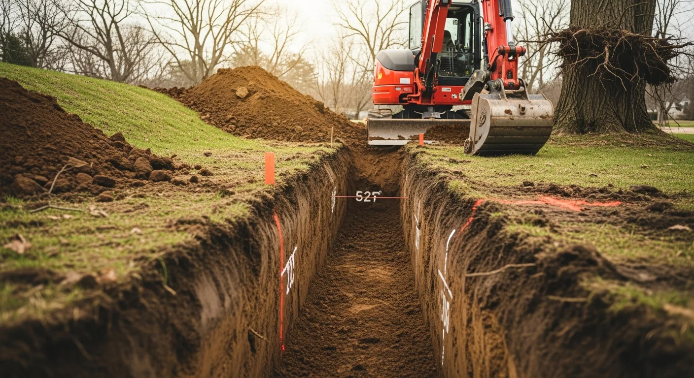 An excavator cutting a straight foundation trench on a residential lot in Oxford, CT, with exposed glacial soil visible along the trench walls. The trench is sized for footing placement with graded sidewalls and cleared access on a sloped property.