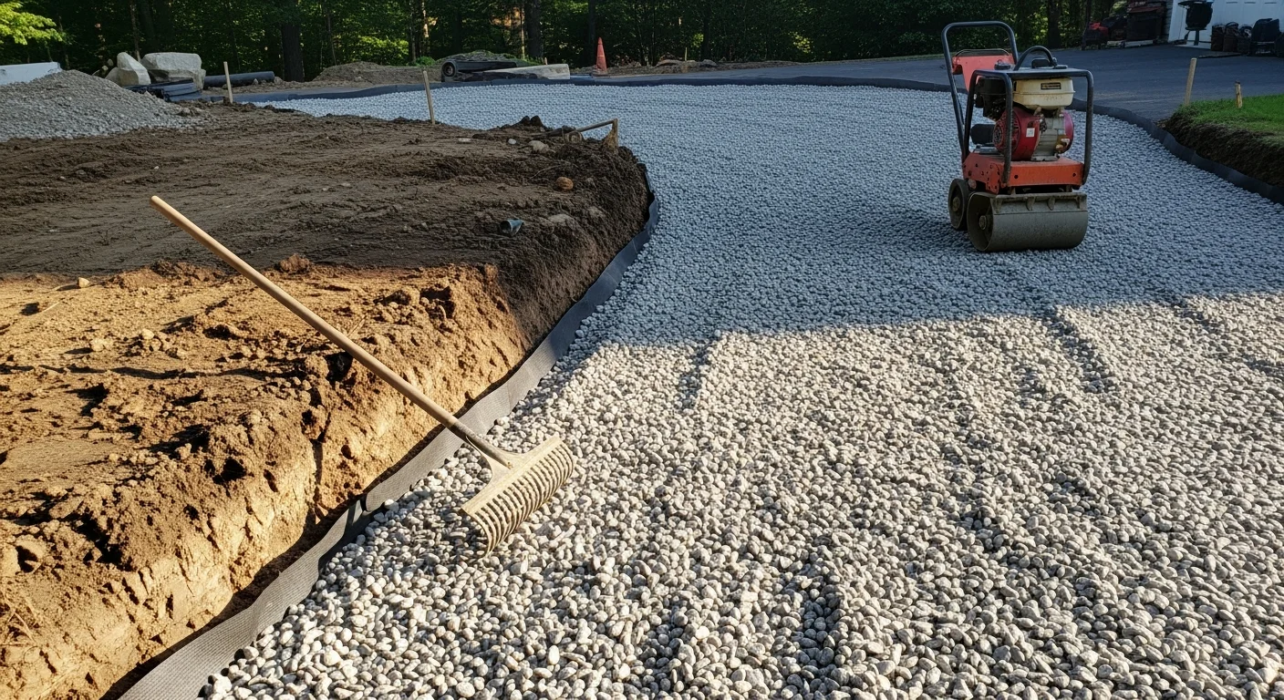 Freshly installed gravel driveway on a wooded residential property in Oxford, CT, with a compacted stone surface graded away from the home. Angular crushed stone covers the full driveway width, bordered by natural tree lines typical of Oxford's rural landscape.