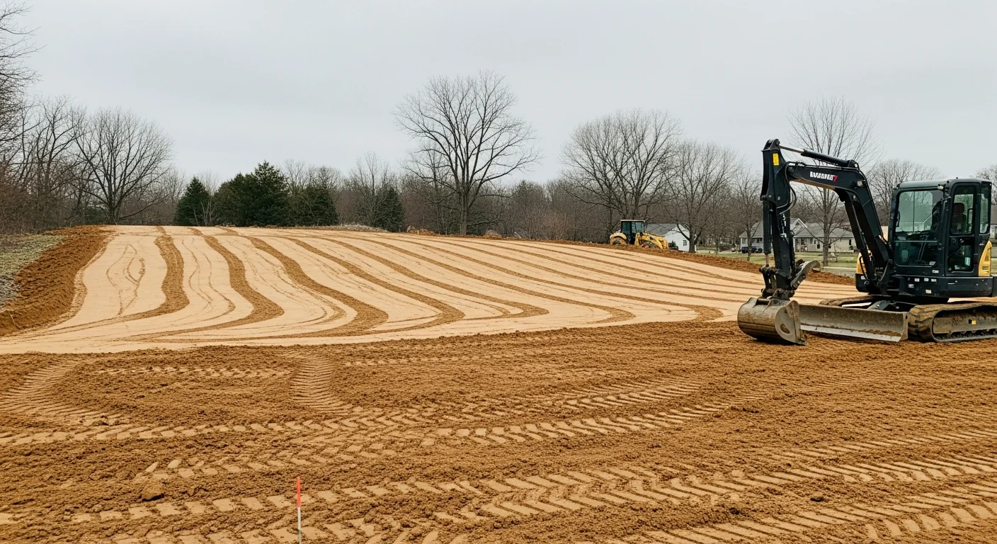 A tracked excavator grading and leveling a residential lot in Oxford, CT, with smoothed soil sloped away from a home foundation. The finished grade shows a clean, even surface prepared for construction or landscaping on a property with mixed terrain typical of western Connecticut.