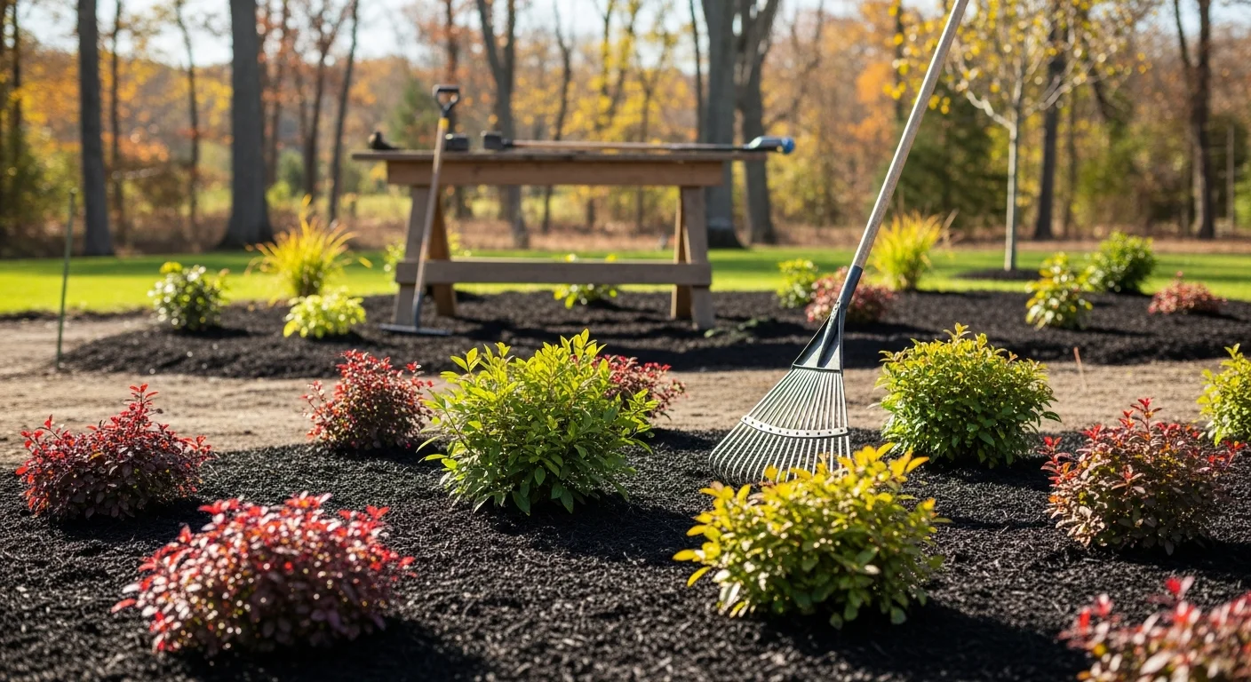 A completed landscape installation at a single-family home in Oxford, CT, showing defined planting beds, graded lawn areas, and layered shrubs suited to Connecticut's climate. The front yard reflects a clean, structured design on a wooded residential lot.