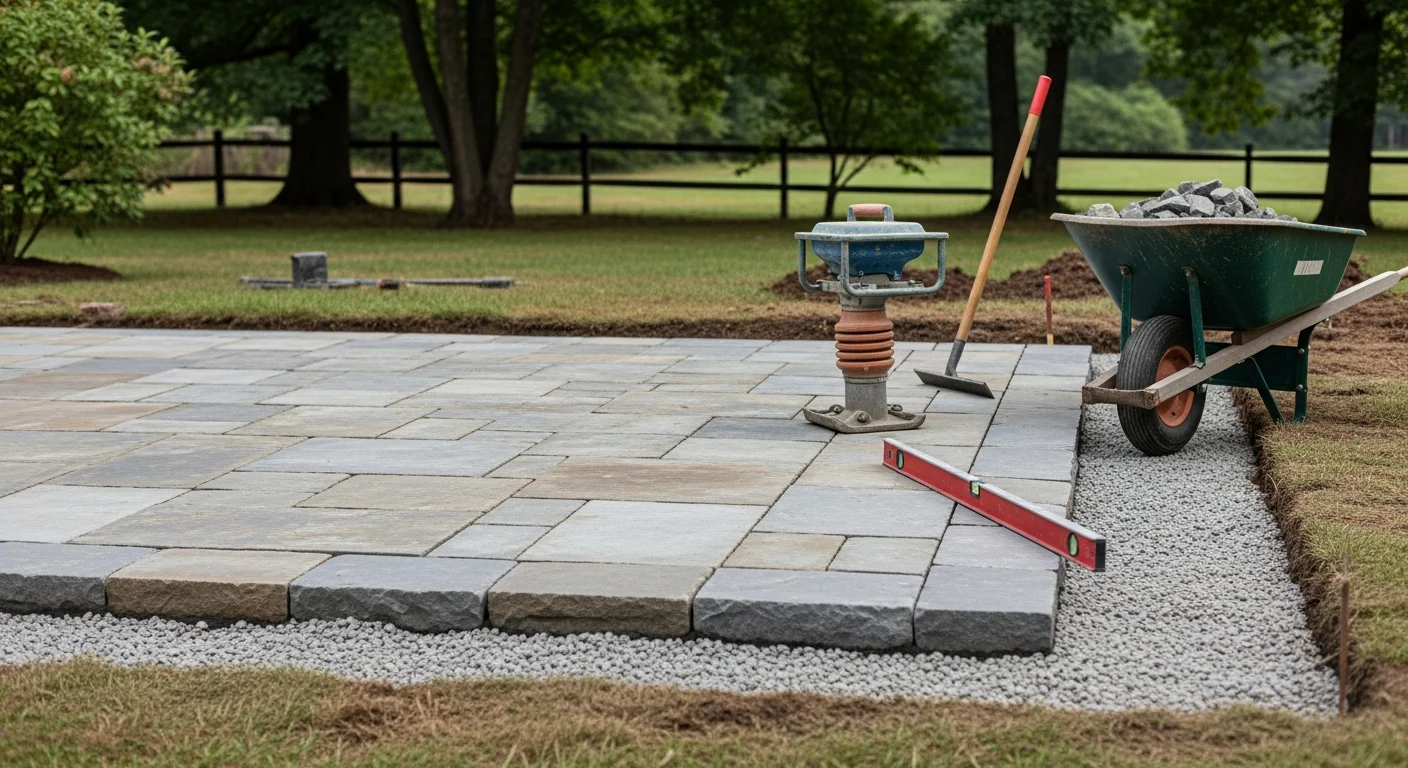 A newly installed stone patio and connecting walkway at a residential property in Oxford, CT. The walkway runs from the driveway to the front entry across a graded yard with surrounding lawn and mature trees.
