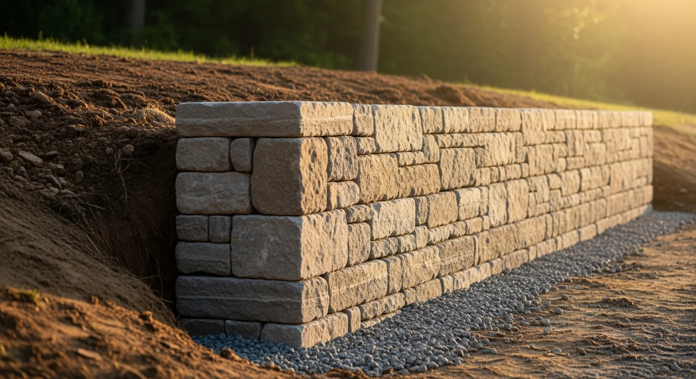 A completed stone retaining wall on a sloped residential property in Oxford, CT, with level ground behind the wall and a graded lawn above. The wall runs along a hillside with visible coursework and a clean base edge along a grass lawn.