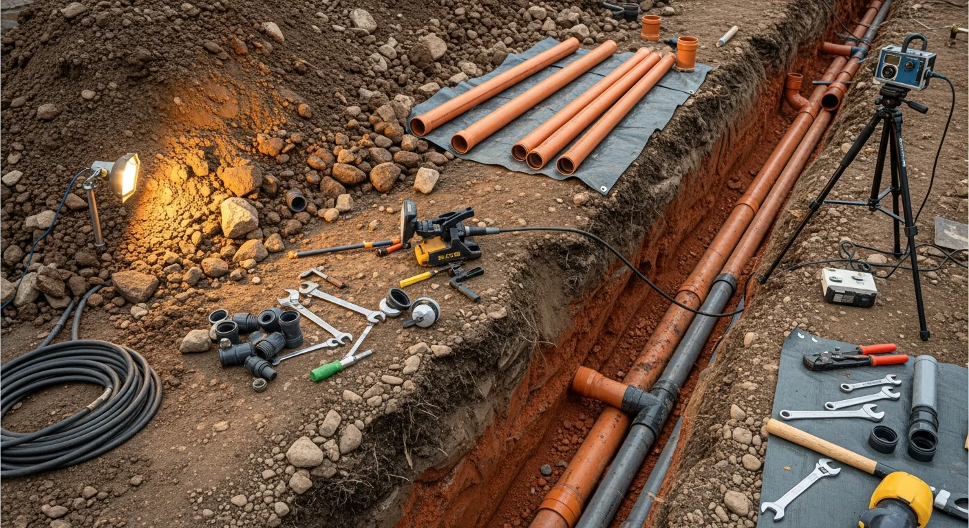 A drainage contractor crew excavating a sewer line trench on a residential property in Oxford, CT, with rocky soil visible along the trench walls. Exposed pipe sections show the repair area prior to replacement work.