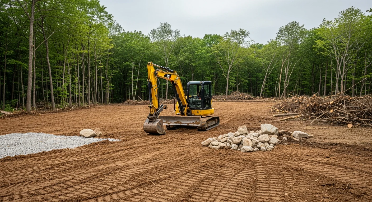 A cleared and graded residential lot in Oxford, CT with trees and brush removed, exposed soil leveled and shaped for construction. An excavator is visible at the edge of the site near a wooded tree line.