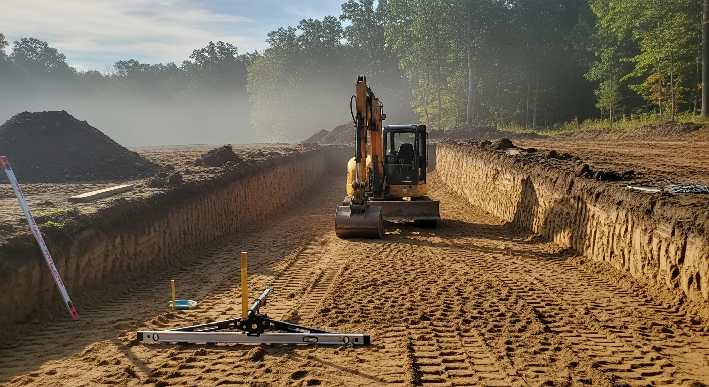 A tracked excavator grading a sloped residential lot in Oxford, CT, with exposed glacial soil and cleared land ready for foundation work. The site shows rough cut terrain with proper slope established for drainage away from the building area.