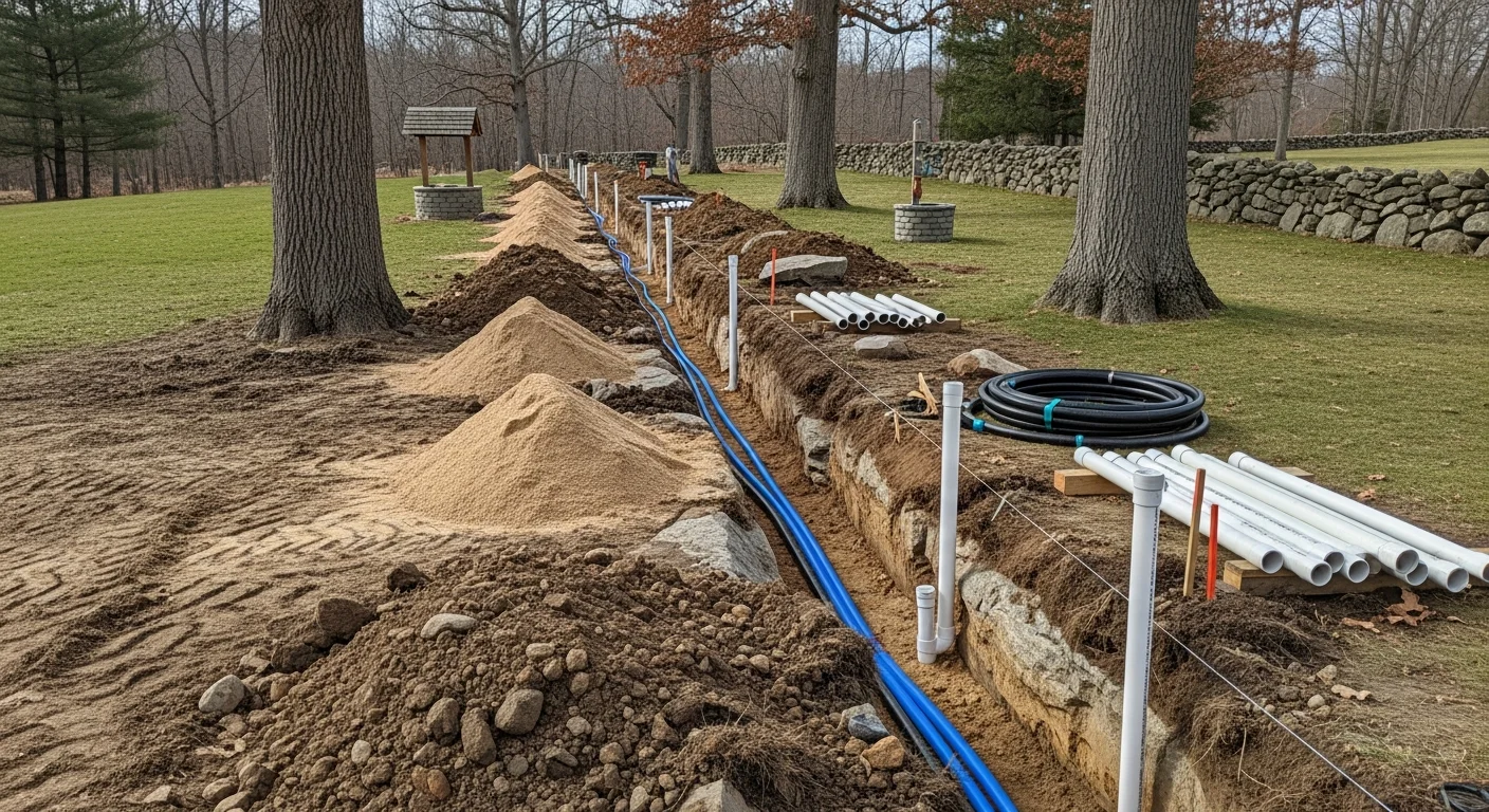 An excavation contractor operates a tracked excavator digging a straight utility trench across a residential property in Oxford, CT, with exposed soil and a cleared trench line visible in the foreground. Mature trees and a wood-frame home are visible in the background.