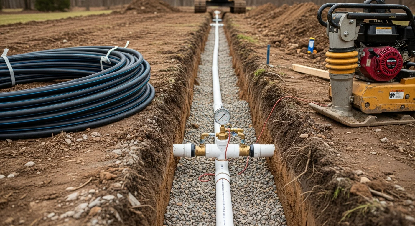 A freshly excavated trench on a residential property in Oxford, CT showing a newly installed water supply line bedded in compacted gravel before backfill. The surrounding yard reflects Oxford's mixed clay and rocky soil conditions typical of New Haven County properties.
